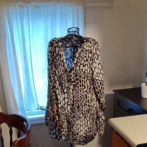 Calvin Klein Black and Cream Animal Print V-Neck Blouse
